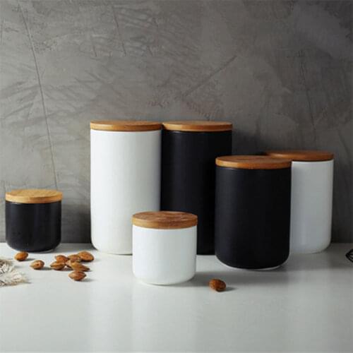 Household Ceramic Wooden lid Airtight Jar Kitchen Storage Tank For Grains Coffee Tea Storage Seasoning Storage Jar With lid