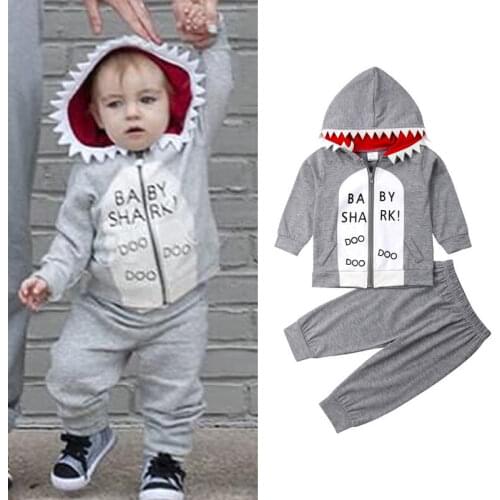 Citgeett Spring 2Pcs Toddler Kids Baby Boy Shark Clothes Hooded Zipper Tops Pants Autumn Gray Casual Outfits Set