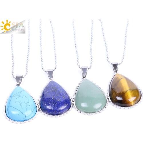 CSJA Natural Stone Necklace & Pendant Water Drop Shape Silver-color Stainless Steel Flat Back Crystal Beads Women Jewelry F149