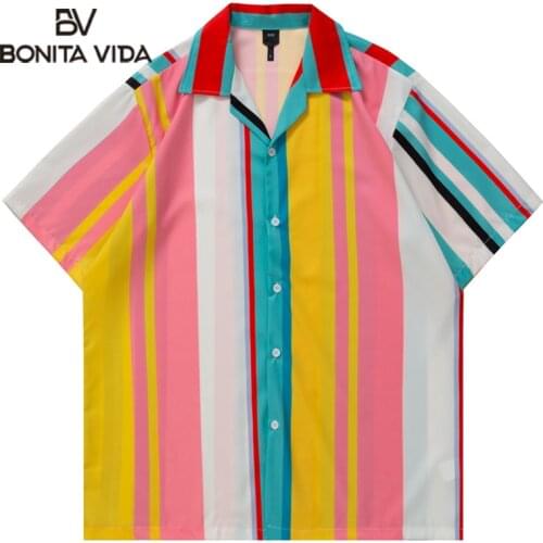 Bonita Vida Colorful Stripe Printed Hawaiian Shirts For Men Summer Hip Hop Short Sleeve Casual Beach Shirts Fashion Blouse