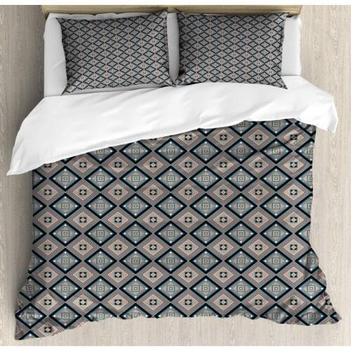 Abstract Duvet Cover Set Nested Geometric Shapes with Stripes 3 Piece Bedding Set Indigo Salmon