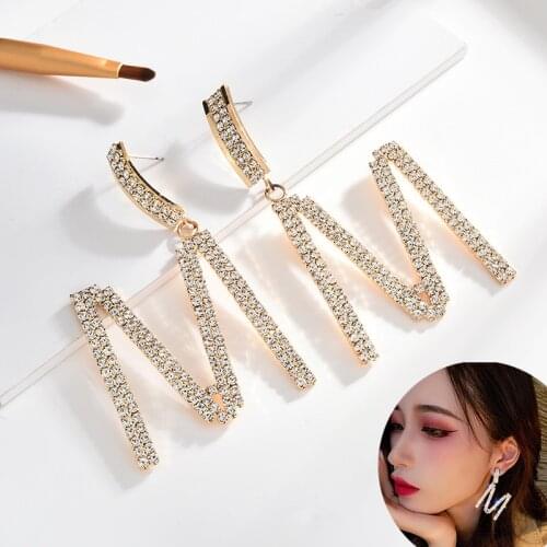 Fashion Statement Earrings 2020 Big Geometric Letter M Dangle Earrings For Women Crystal Luxury Wedding Earring Female Jewelry