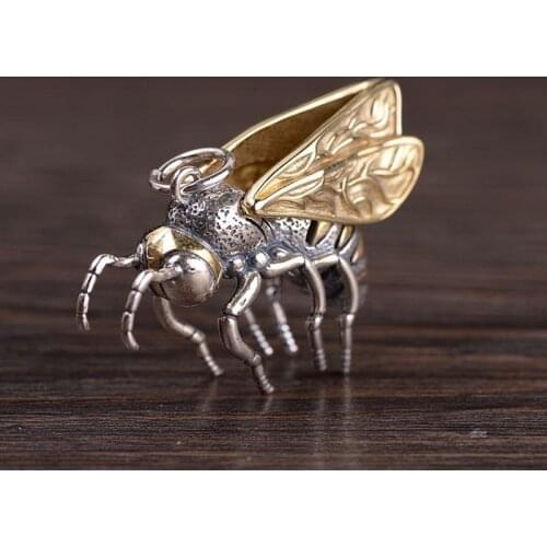 Buyee Real 925 Sterling Silver Unique Rock Punk Pendant Men Vivid Exquisite Big Bee Golden Wing Necklace for Men Fashion Jewelry