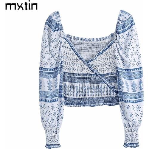 MXTIN 2021 Women Summer Fashion Floarl Print Folds Cropped Blouses Vintage V-Neck Long Sleeve Female Shirts Blusas Casual Tops