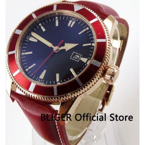 Solid BLIGER 46MM Mineral Glass Blue Sterile Dial Red Rotating Bezel Rose Golden Case MIYOTA Automatic Movement Mens Watch B130