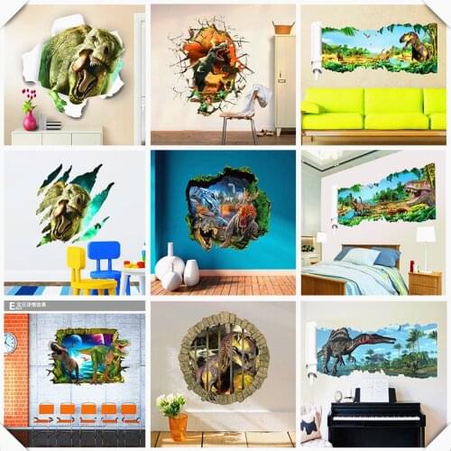 Popular 3d effect forest dinosaur through wall stickers for kids rooms cartoon pvc animal wall decals mural art