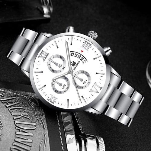 Luxury Business Rhinestone Three-eye Calendar Roman Scale Dial Steel Belt Mens Quartz Wrist Watch Elite Men Must Relogio Mascul