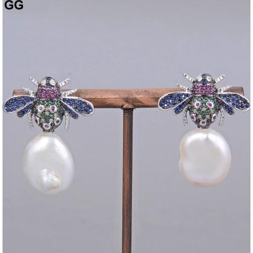 GuaiGuai Jewelry Natural Freshwater White Coin Pearl White Gold Color Plated Cz Pave Insert Stud Earrings Cute For Women