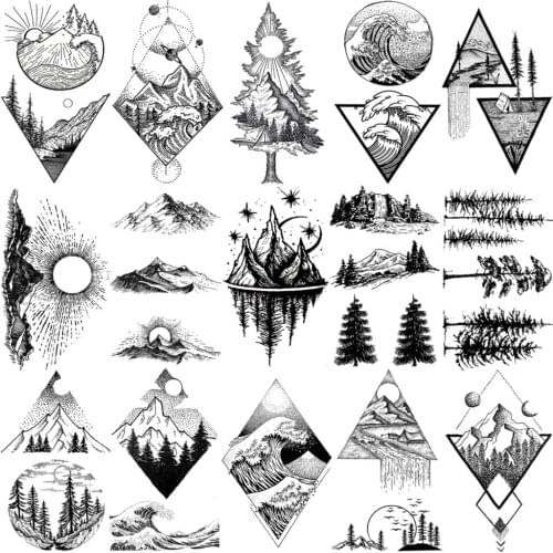 3D Black Geometric Mountain Sun Temporary Tattoos For Women Adult Men Forest Sea Tree Fake Tattoo Neck Arm Hands Small Tatoos