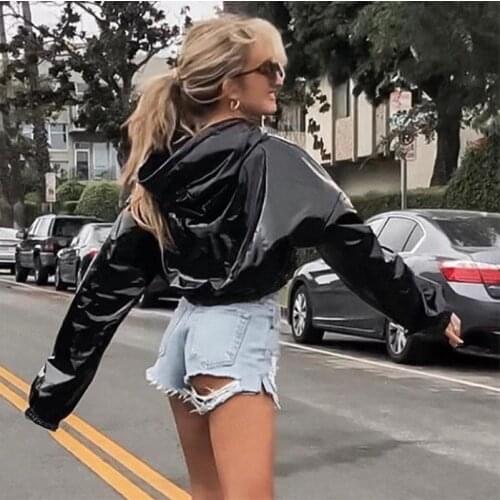 Ladies Sleek and Shiny Slim-fit Street Casual Wear 2021 New Spring Fashion Jacket PU Leather Shiny Hoodie Womens Sweater Short