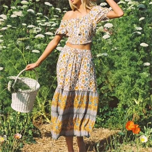 Beige 2021 New Spring Vintage Floral Print Women Skirt Tassel High Waist Casual Beach Boho Hippie Midi Skirt Saia mujer faldas