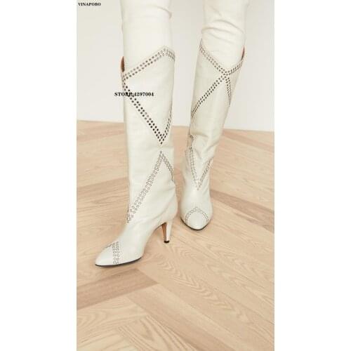 Designer Rivets Studded Runway Knee High Boots for Women High Quality Kitten Heel Knight Bootie Sexy Stilettos Dress Winter Shoe