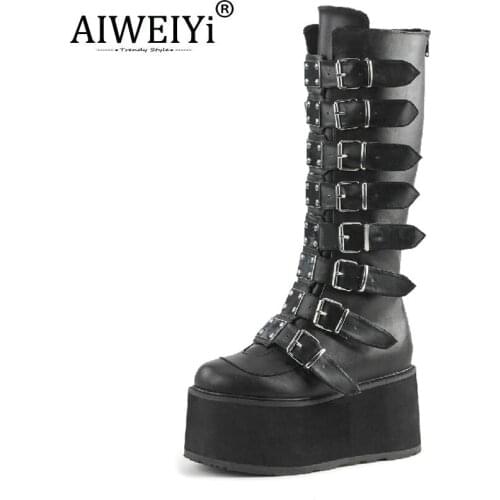 Punk Style Women Knee High Boots Black Thick Sole Wedge Heel High Heels Back Zipper Platform Thigh High Boots Cosplay Boots