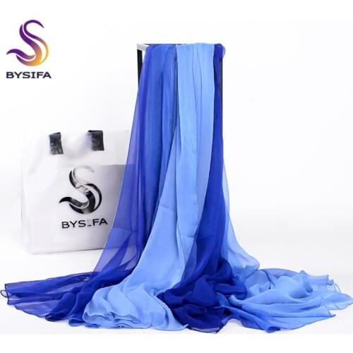 [BYSIFA] Winter Scarf For Women Luxury Scarf Hijab Bufanda Spring Autumn Ladies Plaid Patchwork Blue Gradient Long Scarves Wraps