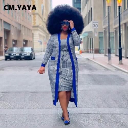 CM.YAYA Women Plus Size Sets Plaid Full Sleeve Long Coats O-neck Bandage Sashes Skinny Midi Dresses Two 2 Piece Sets Fall Outfit