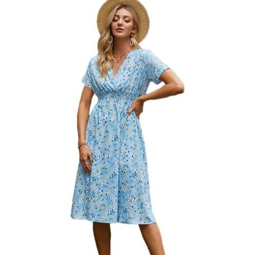 Floral Printing Summer Women Dress 2021 Casual V-neck Short Sleeve A-line Beach Midi Dresses Vestidos