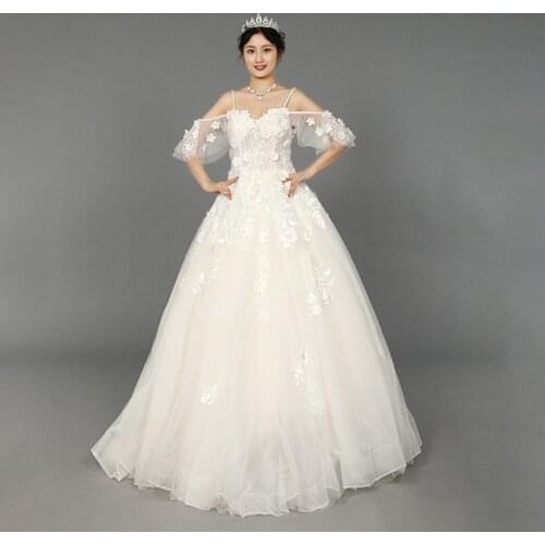 Wedding Dress Floral Print V-Neck Spaghetti Strap Floor-Length Empire Short Sleeves White Plus Size Wedding Gowns For Women G297