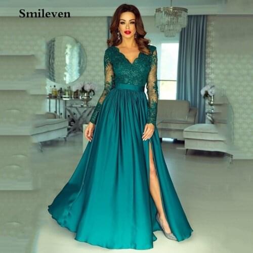Smileven Sexy V Neck Formal Evening Dress Long Sleeve Prom Party Dress Side Split Longo Party Gown Custom Made
