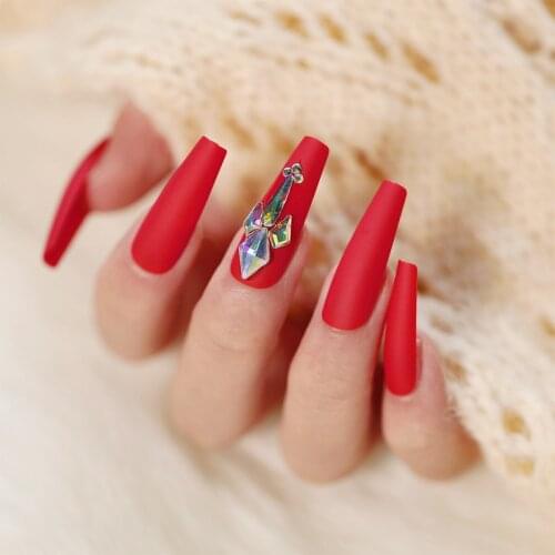 24pcs Red Rhinestone Long Ballet French Style Fake Nails Full cover Fake Nails Glue DIY Manicure Nail Art Tools
