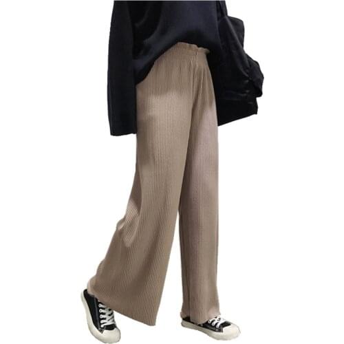 AECU Women Tie Wide Leg Pants Solid Color Pantalones Pleated Pants Female High Waist Plus Size Casual Ladies Culottes Trousers