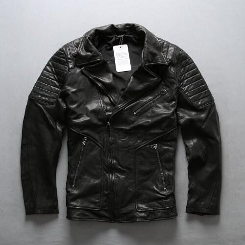 AVIREXFLY 2018 New Men Genuine Motorcycle Leatehr Jacket Fashion Diagonal Zipper Vegetable Tannin Goatskin Riding Biker Jackets