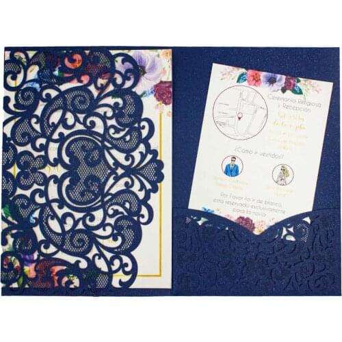 Free shipping 2X rose gold navy tri fold wedding invitation cards with envelope ,insert, RSVP 3 fold laser cut invite fold cards