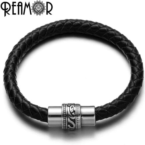 REAMOR Brand 17-21cm 316l Stainless steel Totem Genuine Leather Braided Charm Bracelets Men With Magnet Clasp