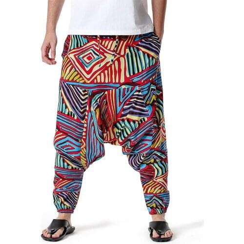 Baggy Loose Nepal Style Men Casual Pants for Men Harem Pants Print Retro Drop Crotch Joggers Cotton Trousers Men Hip Pop