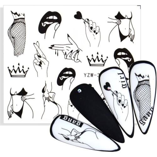 Black Sexy Lady Stockings Gesture Pattern Water Transfer Nail Sticker Character Image Watermark Tattoo Decal DIY Nail Art Slider