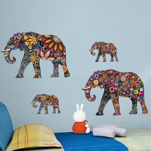 Colorful Elephant Flower Color Wall Sticker For Living Room Removable Wall Art Decals Wallpaper Ethnic Unique Room Decor