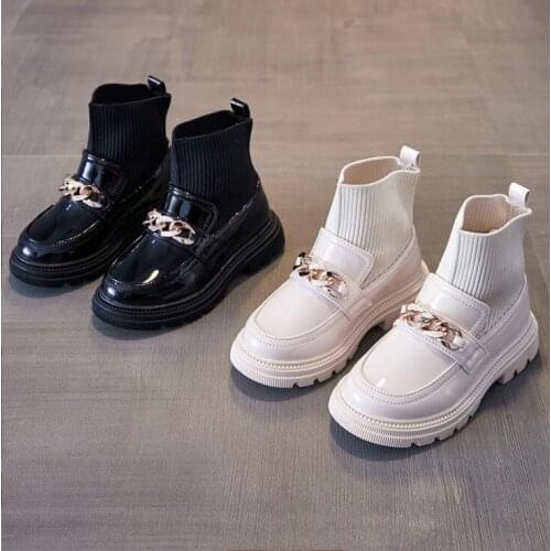 Metal Chain Girls Boys Fashion Boots PU Leather Knitting Patchwork Slip on Kids Socks Shoes Anti Slip Children Ankle Boots
