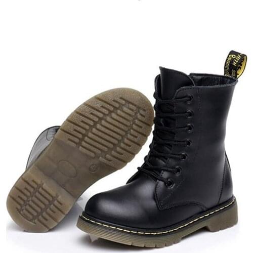 Luxury Classic Children Motorcycle boots Genuine leather Boys Girls Military boots Lace-Up Mid-Calf Snow boots Kids shoes 07A