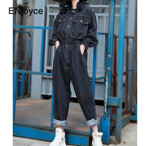 Autumn Winter Women Jumpsuits Oversize Fashion Loose Wide Leg Cargo Pockets Ladies Vintage Denim Playsuit Jump Suits