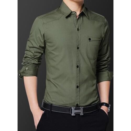Autumn New Korean Fashion Mens Shirts Slim Fit Button Up Black Army Green Khaki Long Sleeve 100% Cotton Cargo Shirt 5XL