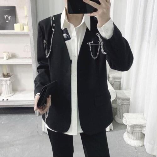 Collarless Suit Men Jacket Korean Slim Pintle Chain Two-color Casual Hairstylist Blazers 2020 Spring Original Design Section