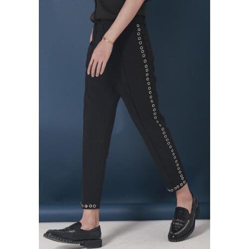 M-3xl Original Design Metal Ring Slim Feet Nine Points Small Trousers Men Korean Of The Rivet Hair Stylist Singer Tapered Pants