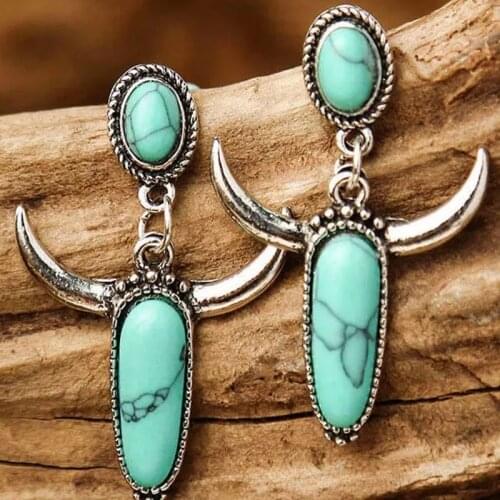 Creative Turquoise Tusk Horn Alloy Earrings for Women Bohemian Charm Stone Pretty Boho Green 3.9*2.6cm Earrings Horn K3F93KF