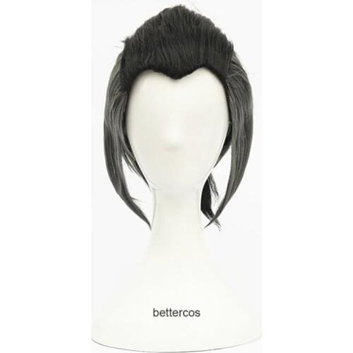 Anime Pokemon Sword and Shield Raihan Cosplay Wig Short Black / Grey Blue Layered Heat Resistant Synthetic Hair Wig + Wig Cap