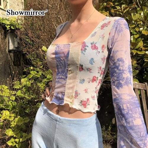 Showmirror G Floral Print Mesh Transparent Sexy T-shirt Women Autumn Flare Sleeve Crop Top T Shirt Grunge Aesthetic Tees