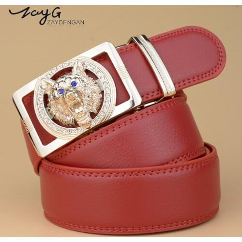ZAYG Men Domineering Golden Wolf Automatic Buckle Belt Men High Quality Leather Business Belt Red Leather Belt Tide Fashion Belt