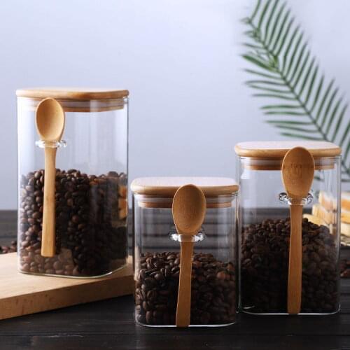 Large capacity 1000ml-1500ml Glass Storage Containers Set Food Container with spoon and bamboo cover Food Storage Containers