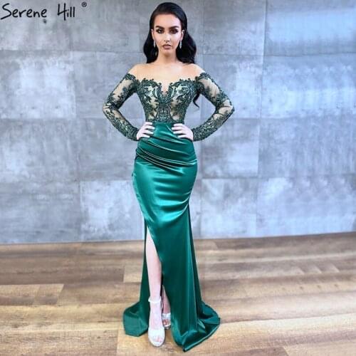 Dubai Green Long Sleeves Sexy Evening Dresses 2020 Mermaid Satin Crystal Formal Dress Design Serene Hill DLA70343