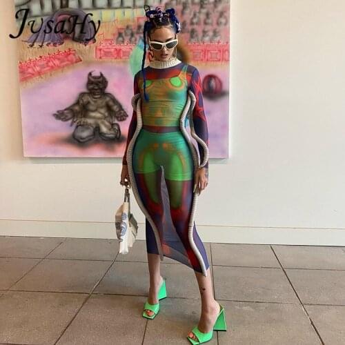 JuSaHy Vintage Unique Print Maxi Dress for Women Fashion Y2K Long Sleeves Turtleneck Slim Bodycon Dress Female Autumn Clothing