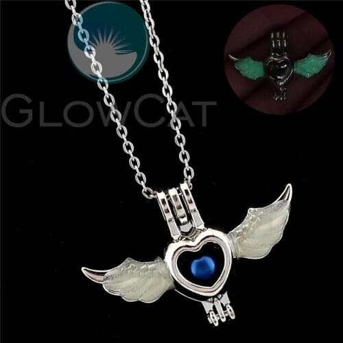 Green Glow in the Dark Angel Wings Heart Beads Cage Pendant Perfume Diffuser Pearl Cage Locket Necklace R-K1020