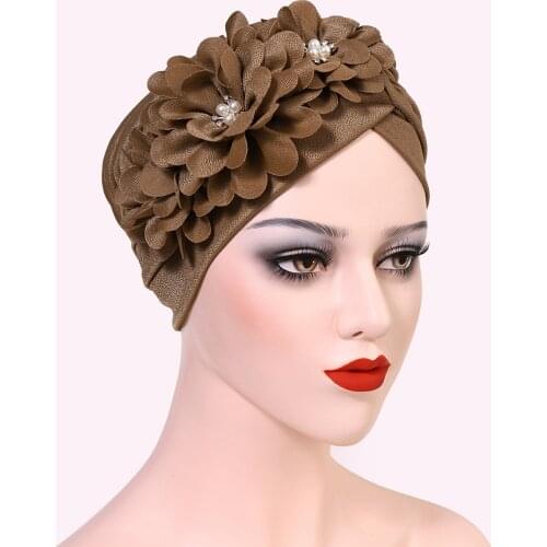 Fashion Women Flowers Pleated Turban Caps Muslim Elastic Diamonds Pearls Inner Hijabs Ready to Wear Islam Bonnet Indian Cap