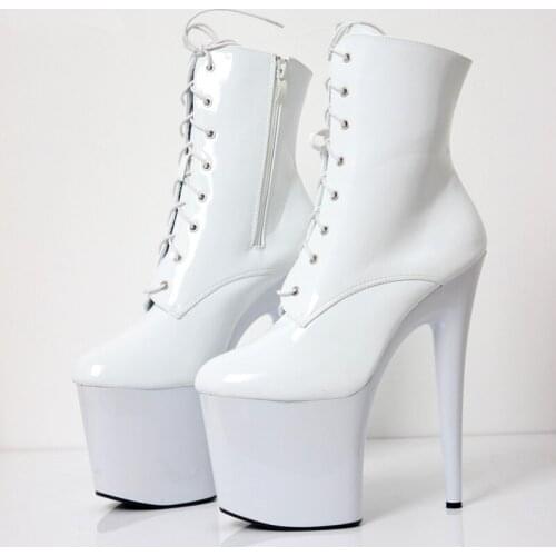 Women 20CM Extreme High Heels White Platform Boots Woman Sexy Pole Dancing Lace Up Ankle Boots Side Zip Black Plus Size