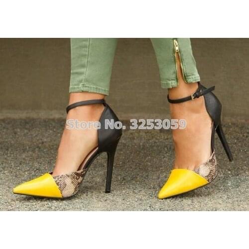 ALMUDENA Women Elegant Yellow Pointed Toe Color Patchwork Dress Shoes Sexy Snakeskin Stiletto Heels Pumps Office Lady Shoes