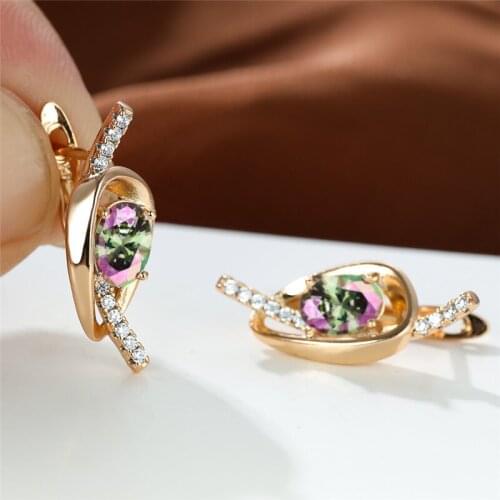 Rose Red Green Zircon Oval Stone Earrings Boho Geometric Rainbow Crystal Hoop Earrings Dainty Rose Gold Color Earrings For Women