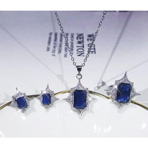 QTT Elegant Sterling Silver Sets Blue Rectangle Cubic Zirconia Jewelry Sets Female Ring Earrings Necklace Wedding Accessories