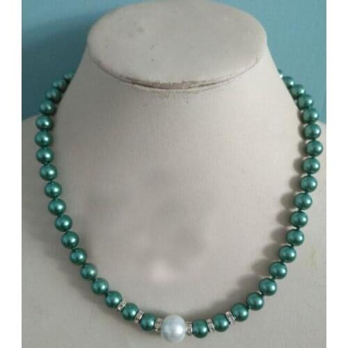 Woman classic jewelry necklace 8mm deep green round bead 12mm white pendant Natural SOUTH SEA SHELL PEARL NECKLACE 18'' 45cm